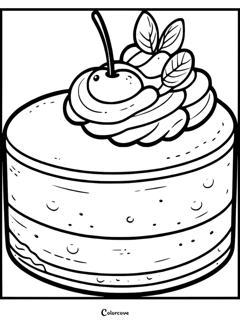 A printable cake coloring page featuring a round cake topped with whipped cream, a cherry, and mint leaves.