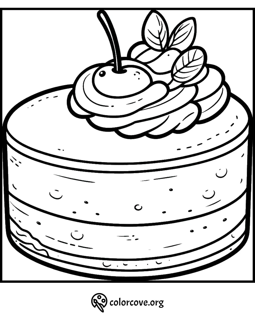 Coloring page of a cake topped with whipped cream, a cherry, and leaves; perfect for kids and beginners.