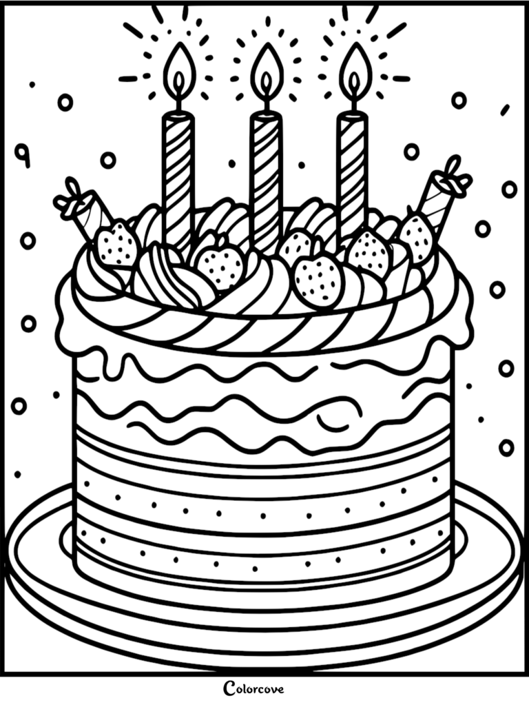 A festive birthday cake coloring page featuring three lit candles, strawberries, and decorative swirls on a plate.