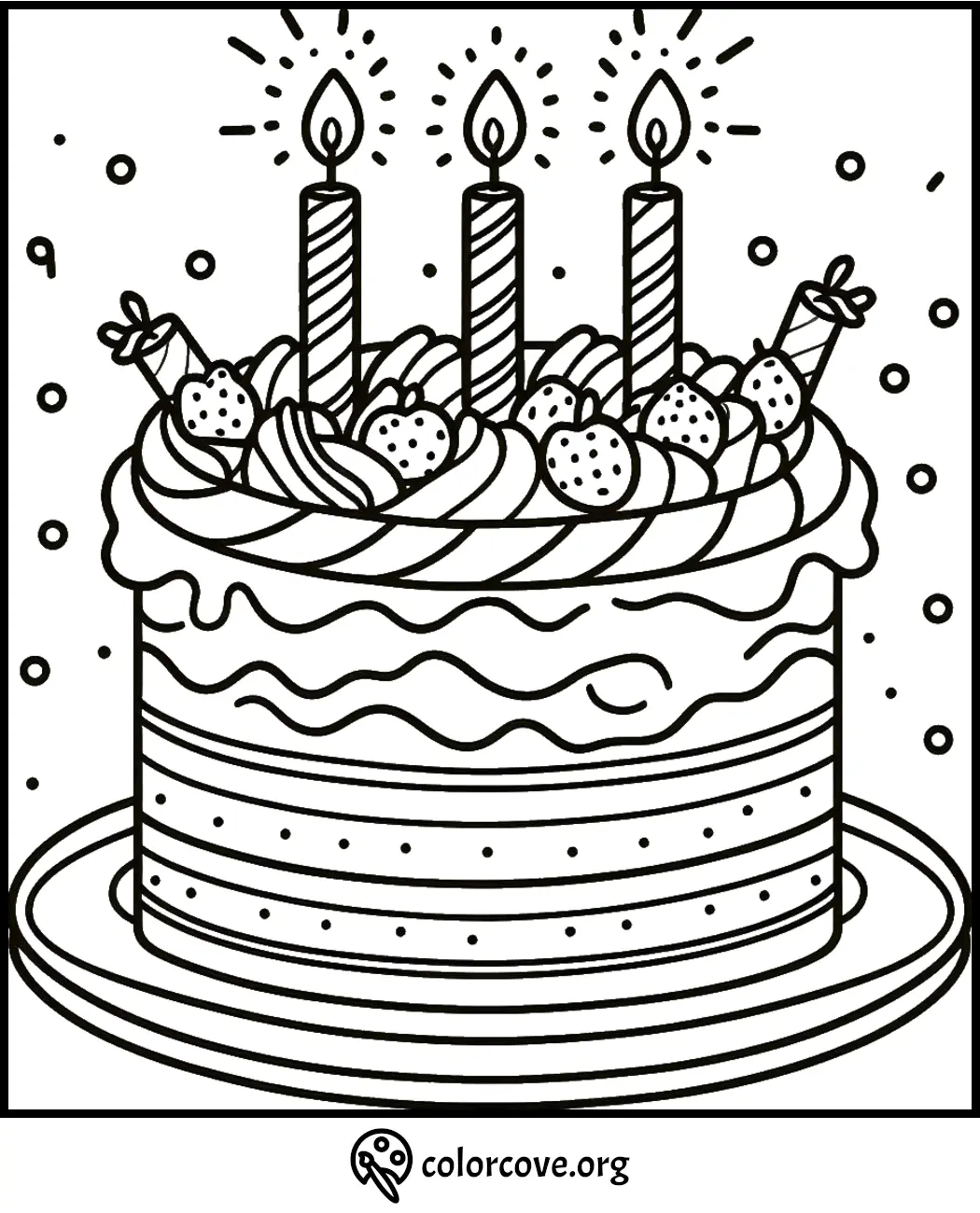 Birthday cake coloring page with candles, strawberries, and swirls. Printable for kids to color. From colorcove.org.