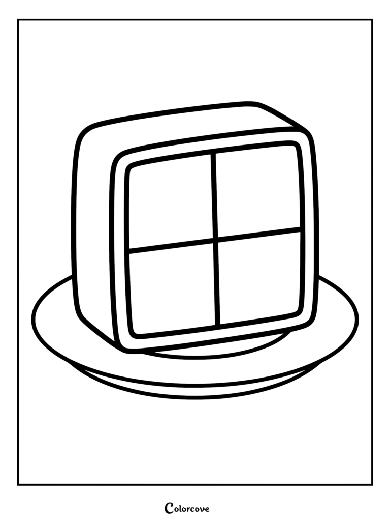 A Battenberg cake cut into squares to show the two by two checkered pattern of pink and yellow sponge, all wrapped in a marzipan layer coloring page.