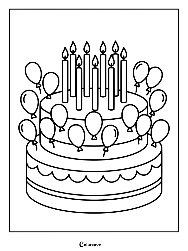 A birthday cake decorated with small balloons made of marzipan floating around the edges in this printable coloring page.