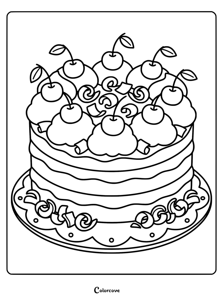 A detailed coloring page of a Black Forest cake topped with mounds of whipped cream and dark cherries.