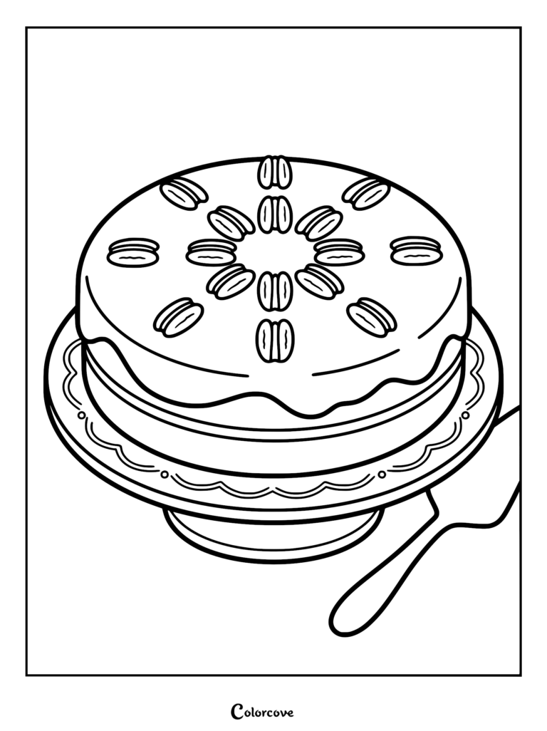 A bourbon butter cake coloring page featuring a shiny dark glaze and sugar-coated pecan halves on a decorative stand.