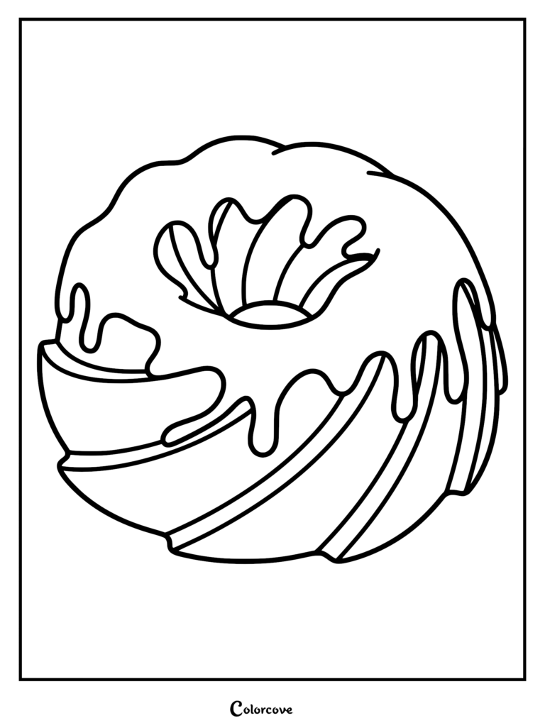 A detailed line art coloring page of a Bundt cake with thick icing dripping down its fluted sides.