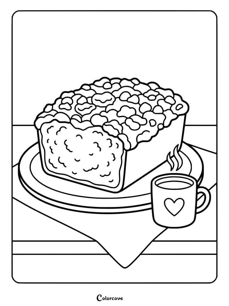 A delicious coffee cake with a crumbly topping on a plate next to a steaming mug with a heart design in this coloring page.