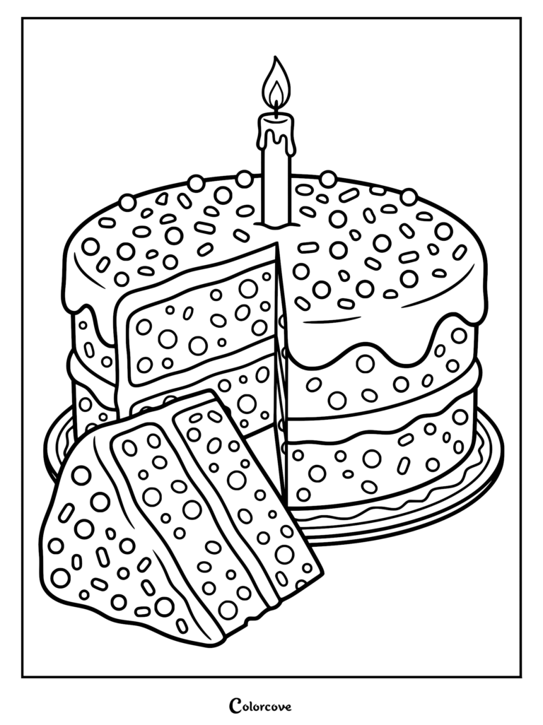 A funfetti cake coloring page featuring a slice removed to show round sprinkles inside the cross section and a single lit candle on top.