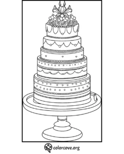 Four-tier wedding cake coloring page with intricate designs and flower decorations on top, courtesy of colorcove.org.