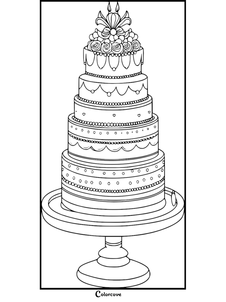 A detailed five-tier wedding cake coloring page featuring intricate floral toppers, beaded borders, and scalloped icing patterns on a pedestal stand.