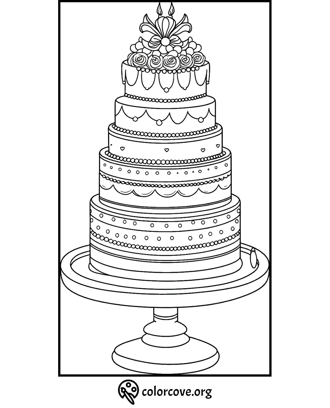 Four-tier wedding cake coloring page with intricate designs and flower decorations on top, courtesy of colorcove.org.