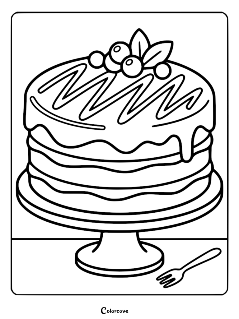 A decadent fudge cake covered in thick glossy icing with berries on top, presented as a printable coloring page.