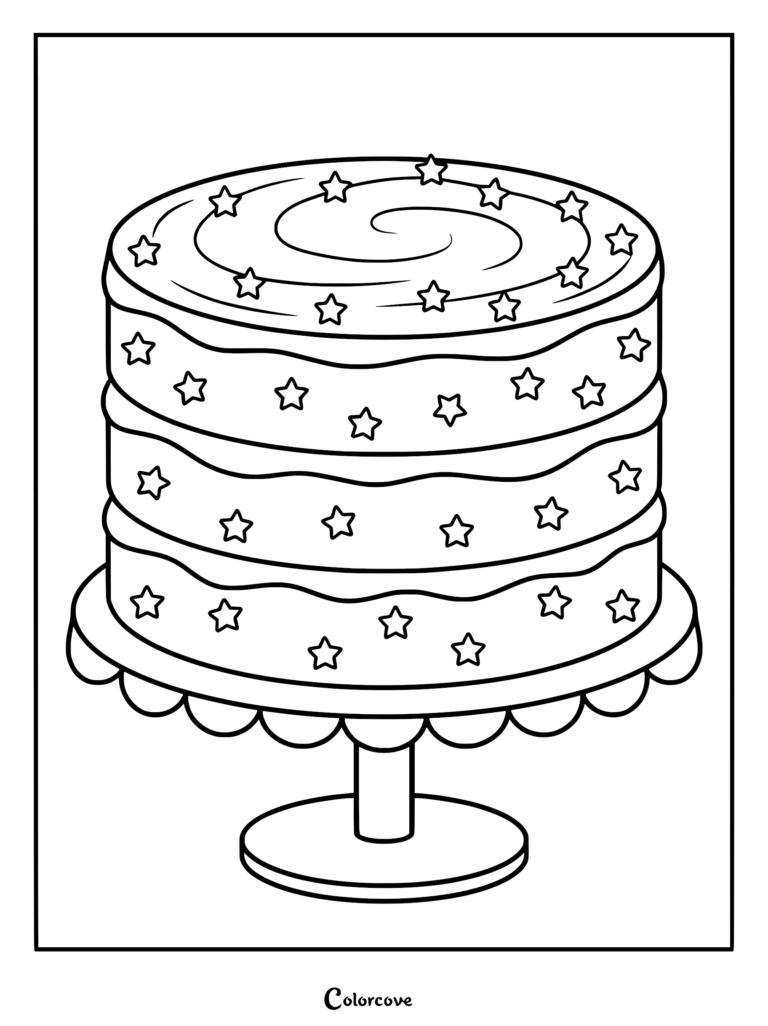 A three-tiered dulce de leche cake decorated with star sprinkles on a cake stand coloring page.