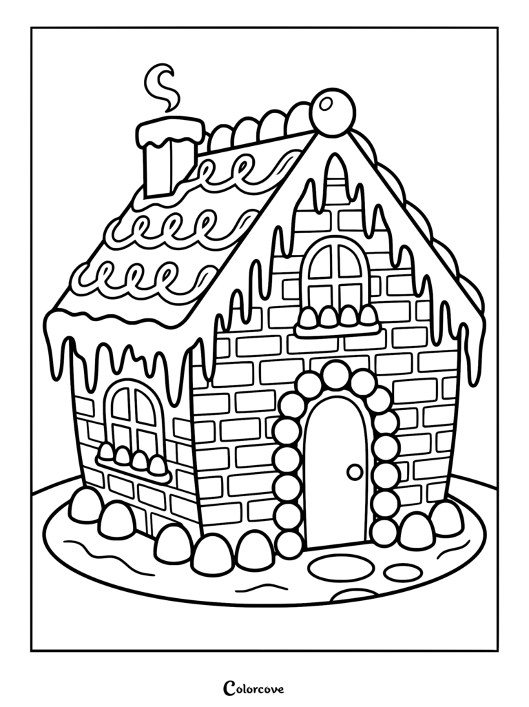 A detailed gingerbread house cake coloring page featuring icing drips, candy decorations, and a smoking chimney.