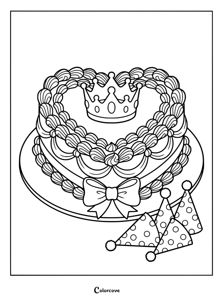A heart shaped cake with a crown and party hats coloring page