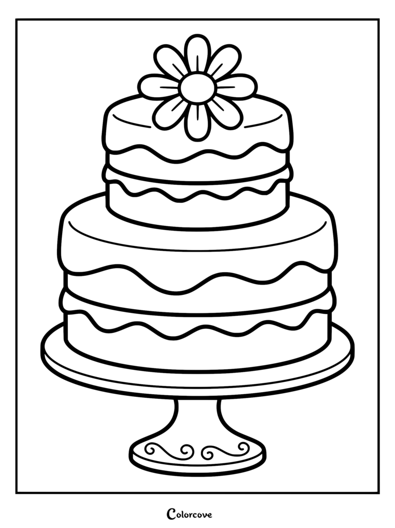 A printable coloring page of a two-tier layer cake filled with thick buttercream and apricot jam, topped with a smooth fondant layer and a single fondant daisy flower.