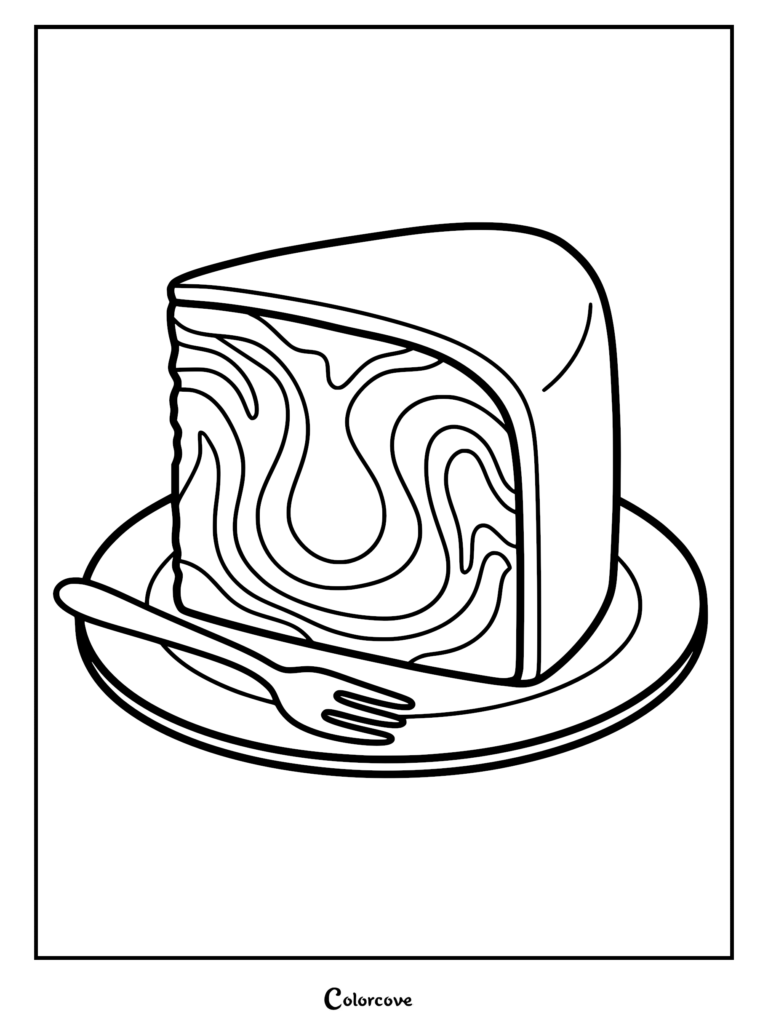 A marble cake slice coloring page showing a distinct swirl pattern of light and dark batter on a plate with a fork.