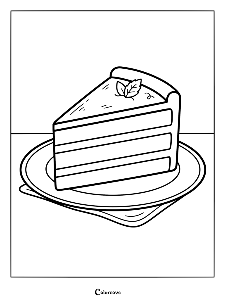 A printable coloring page featuring a slice of matcha green tea cake topped with a mint leaf on a small plate.