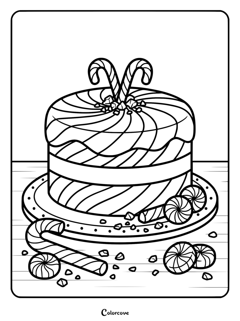 Peppermint cake coloring page with white and red swirled frosting stripes resembling a candy cane.