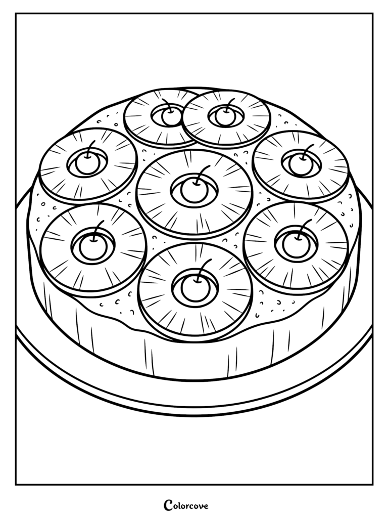 A detailed pineapple upside-down cake coloring page featuring pineapple rings and cherries on top.