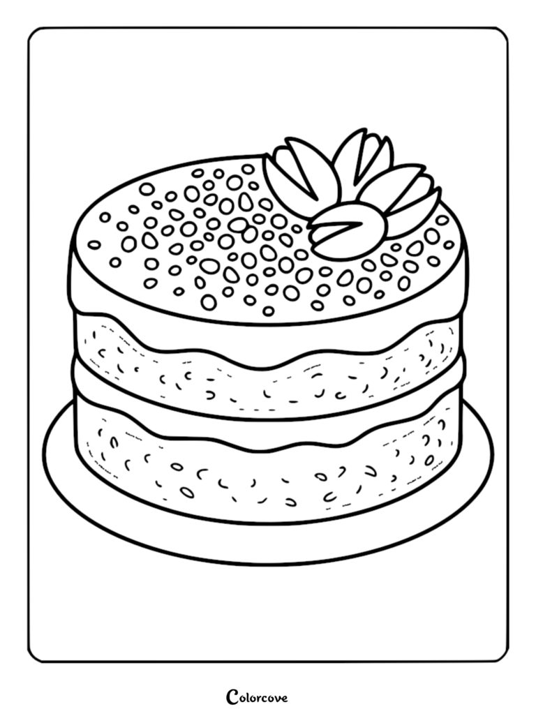 A detailed pistachio cake coloring page featuring a two-layer cake topped with crushed nuts and whole pistachios.