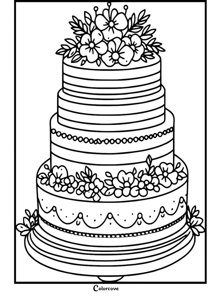 A four-tiered wedding cake coloring page decorated with floral toppers, beaded trim, and elegant swags.