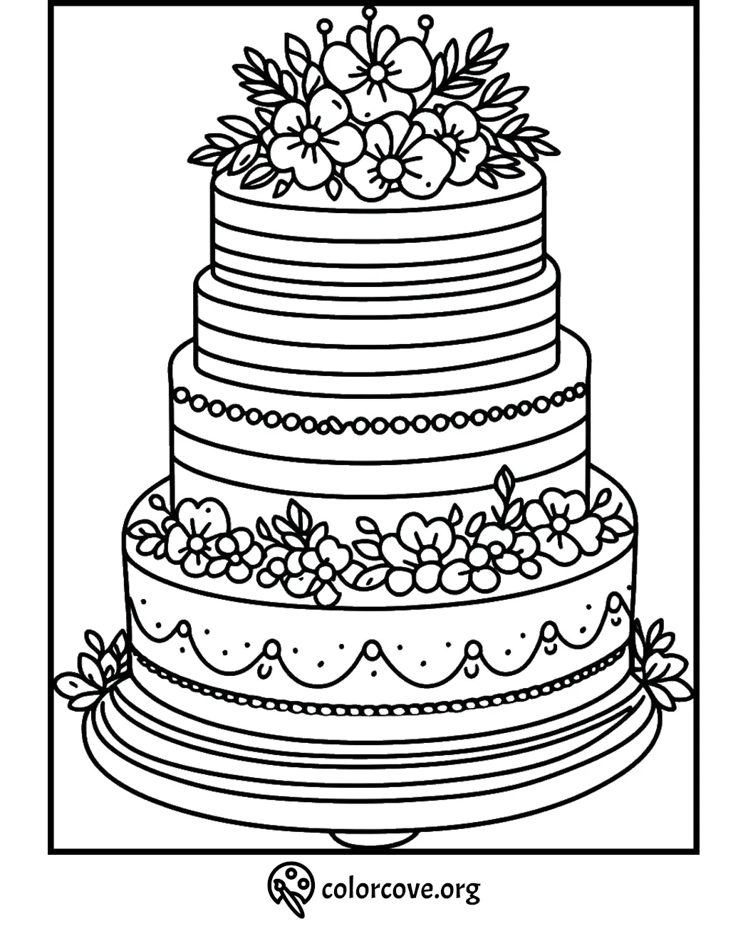 Three-tier floral cake coloring page, intricate design with flowers and patterns for kids and adults on colorcove.org.