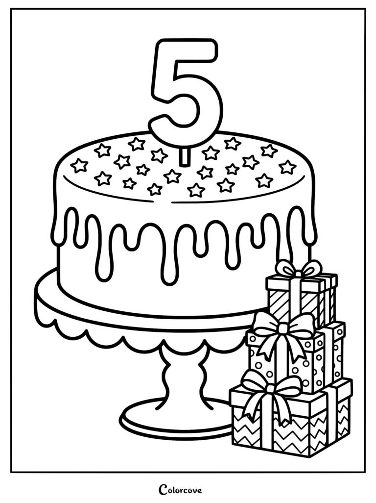 A round cake with dripping icing flowing down the sides, topped with a number five candle and star decorations, next to a stack of birthday gifts in a printable coloring page.