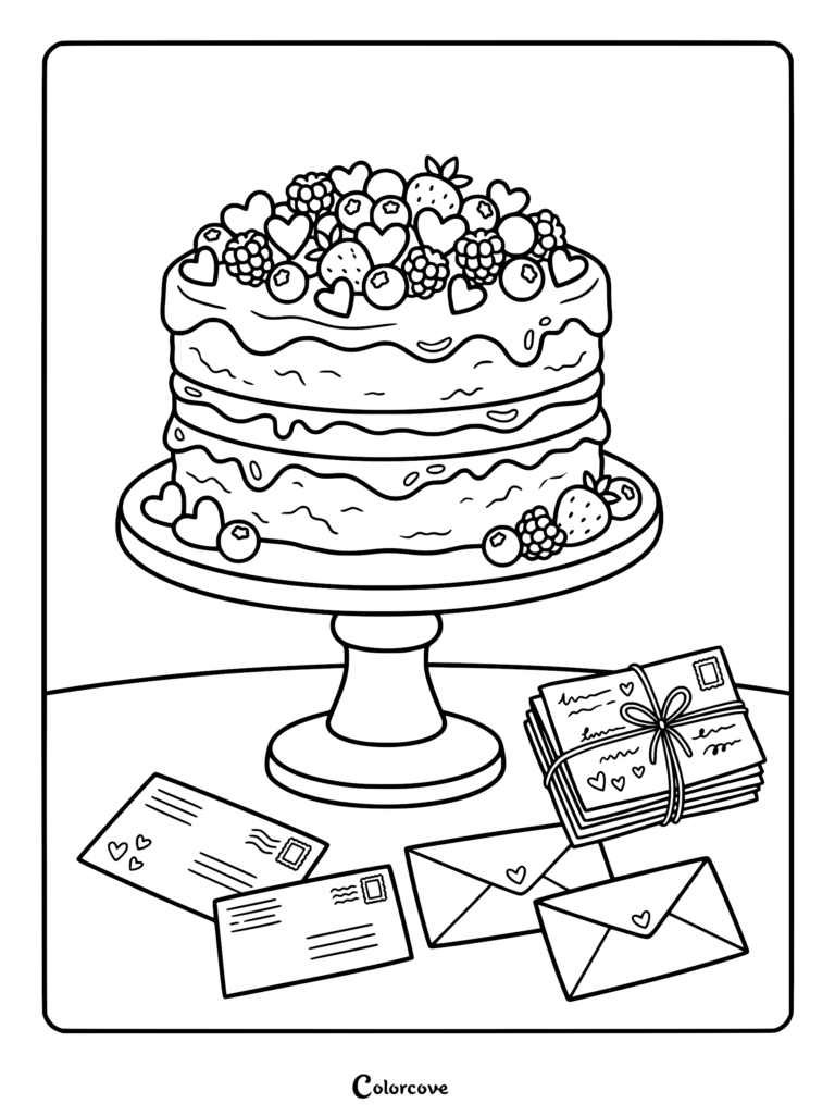 A rustic cake adorned with edible berries and small sugar hearts, with a collection of hand-written love letters tied with thin twine next to the plate, printable coloring page.