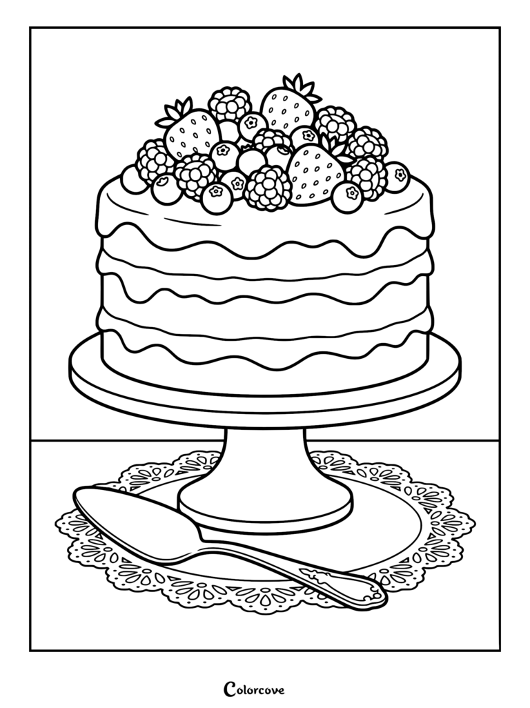 A rustic cake with fresh strawberries, blueberries, and raspberries piled high on a cake stand, printable coloring page.