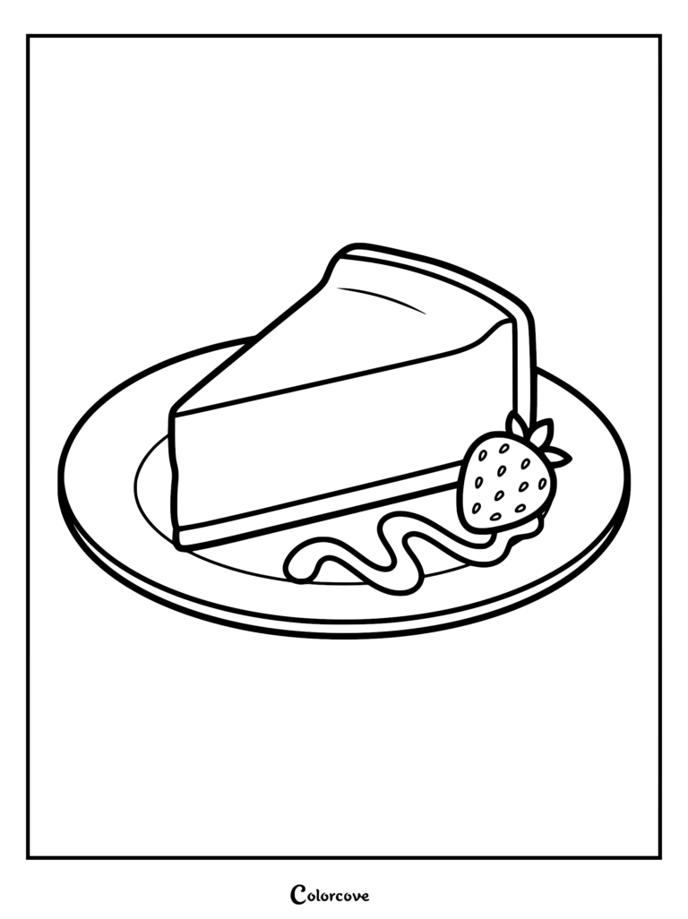 A slice of cheesecake on a plate with a strawberry and syrup drizzle coloring page
