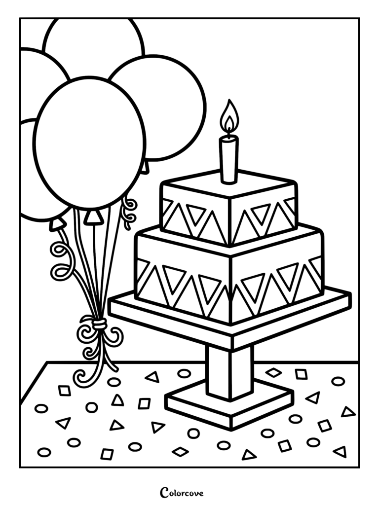 A square cake decorated with geometric triangular patterns along the side panels next to a bunch of balloons, printable coloring page.