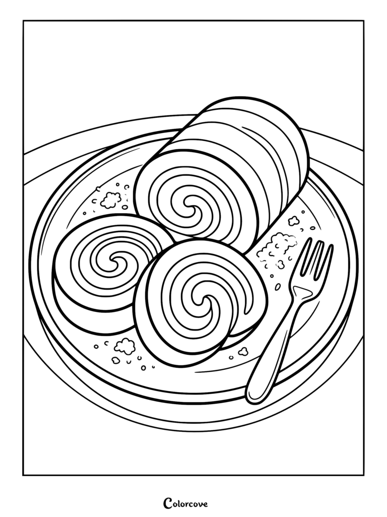 A Swiss roll cake sliced on a plate with a fork, detailed coloring page.