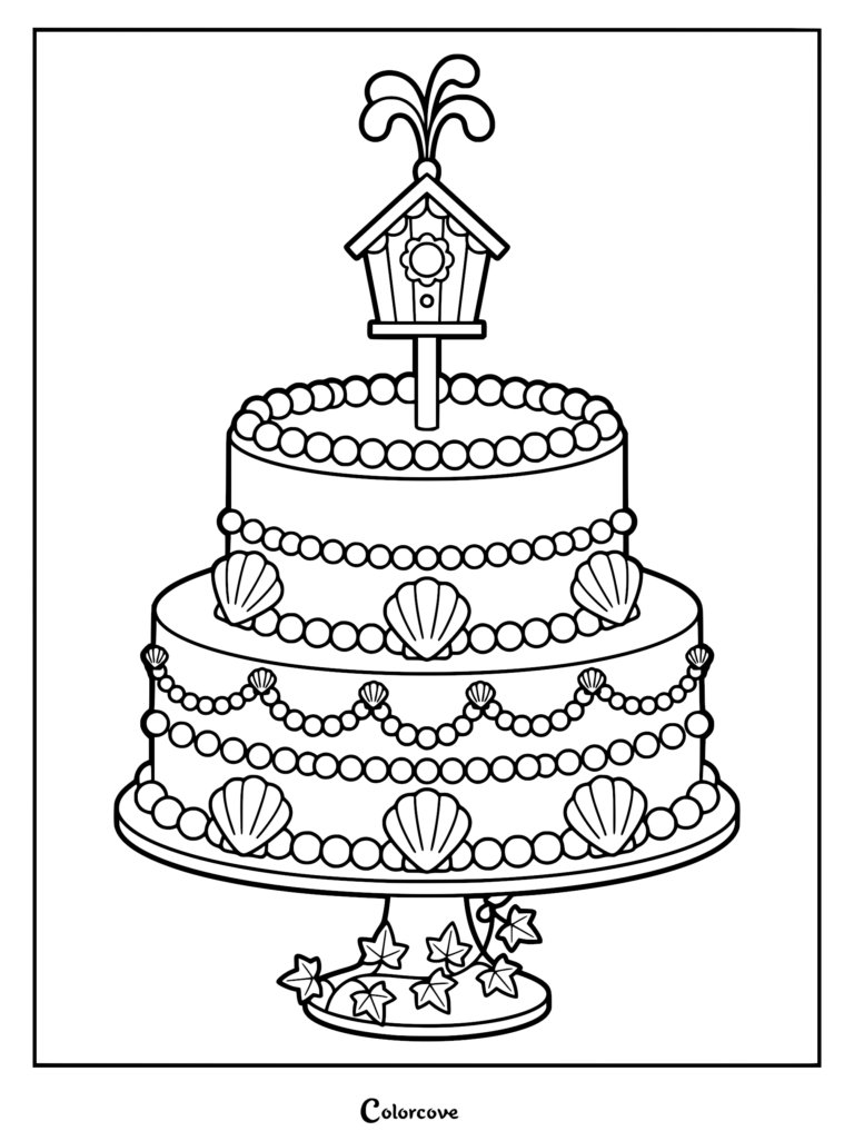 A tall, narrow cake featuring a smooth fondant surface with seashell decorations and a birdhouse topper in this printable coloring page.