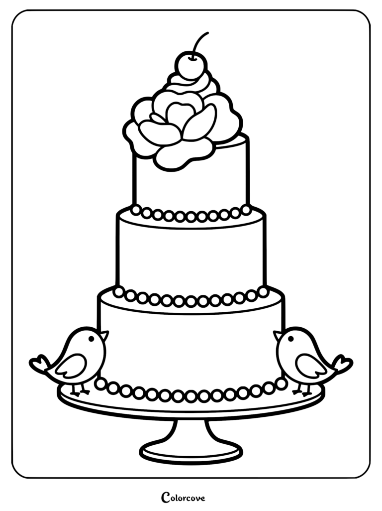 A tall, narrow cake featuring a smooth fondant surface with two birds on a cake stand, coloring page.