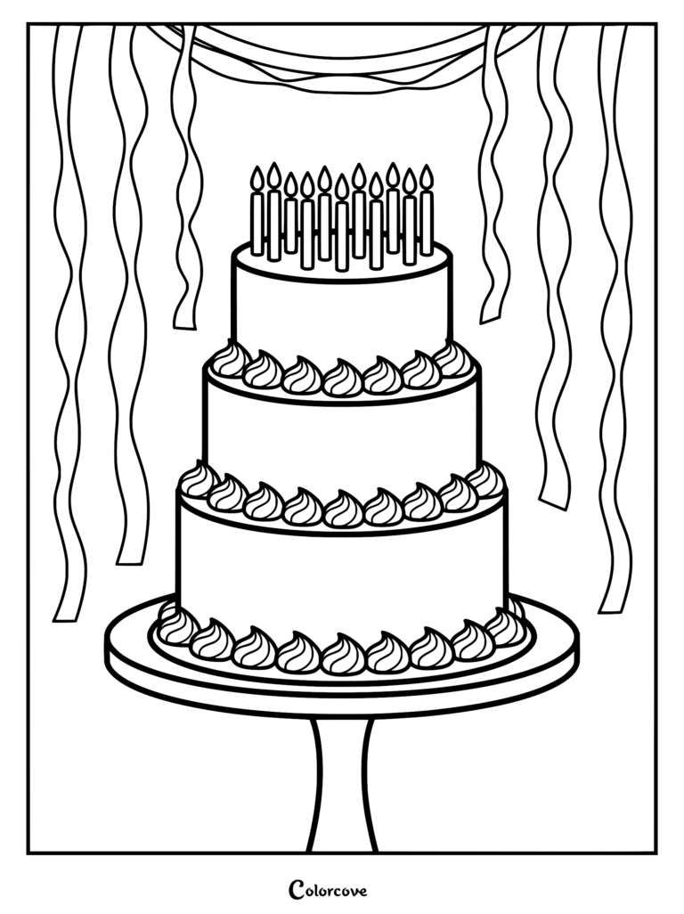 A three-tier birthday cake resting on a pedestal with candles and streamers in this printable coloring page.