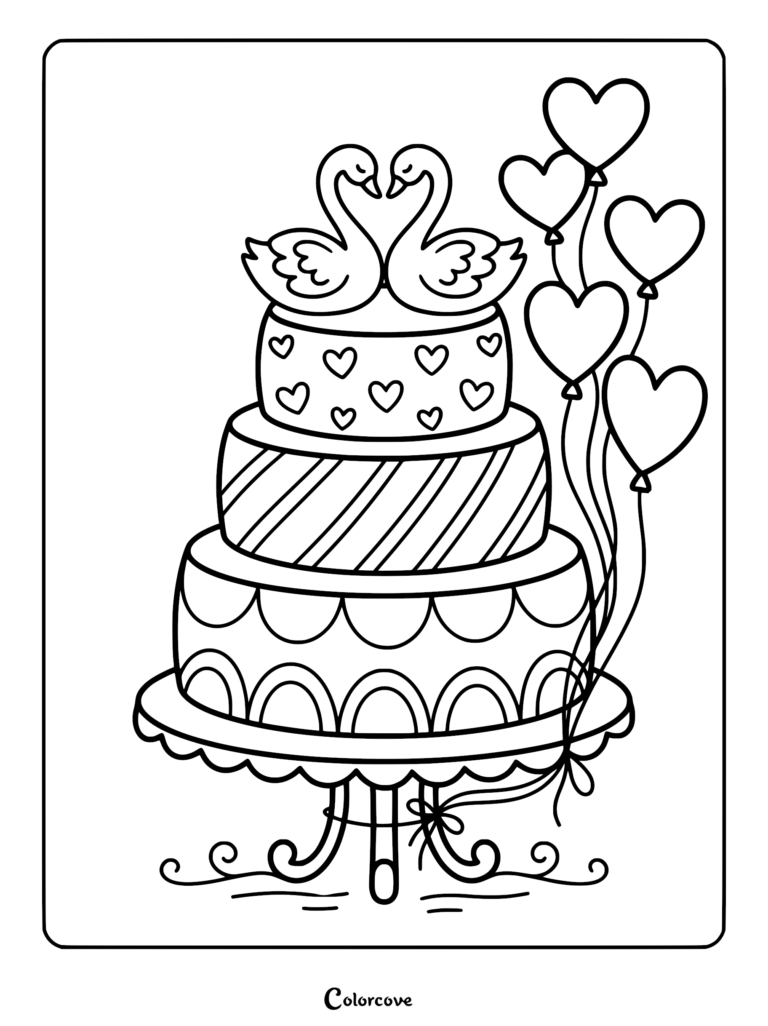 A tiered cake coloring page topped with two stylized swan figurines facing each other and heart-shaped balloons.