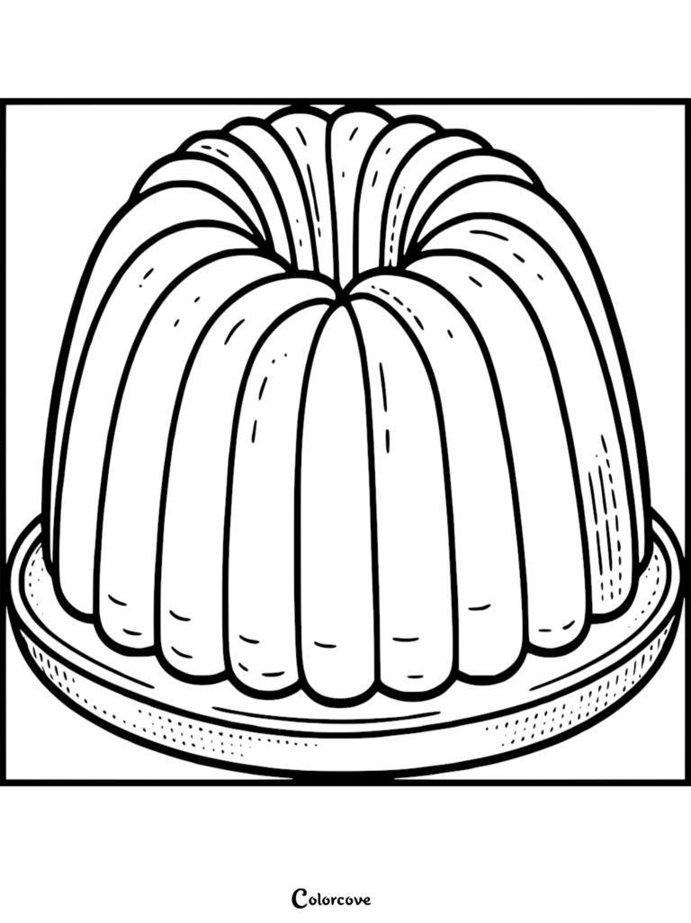 A printable Bundt cake coloring page featuring a fluted ring cake on a round serving plate.