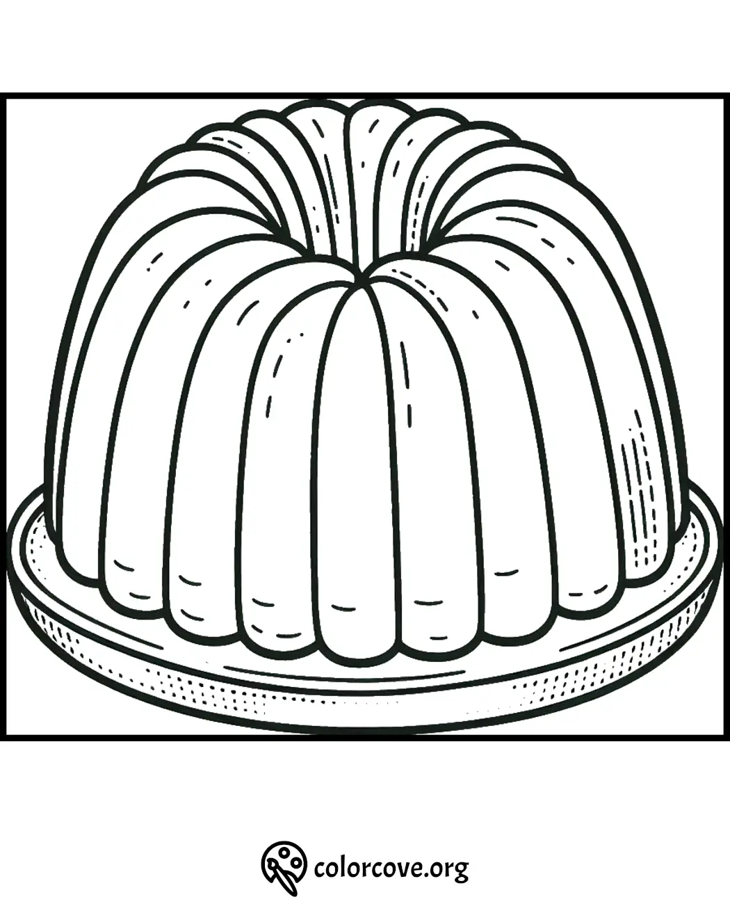 Coloring page outline of a bundt cake on a plate, ideal for kids and adults to print and color. ColorCove.org.