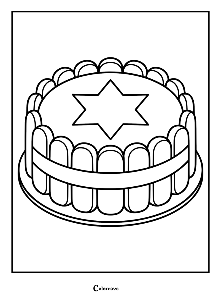 A printable coloring page featuring a round tiramisu cake constructed with ladyfinger biscuits around the circumference and a star on top.