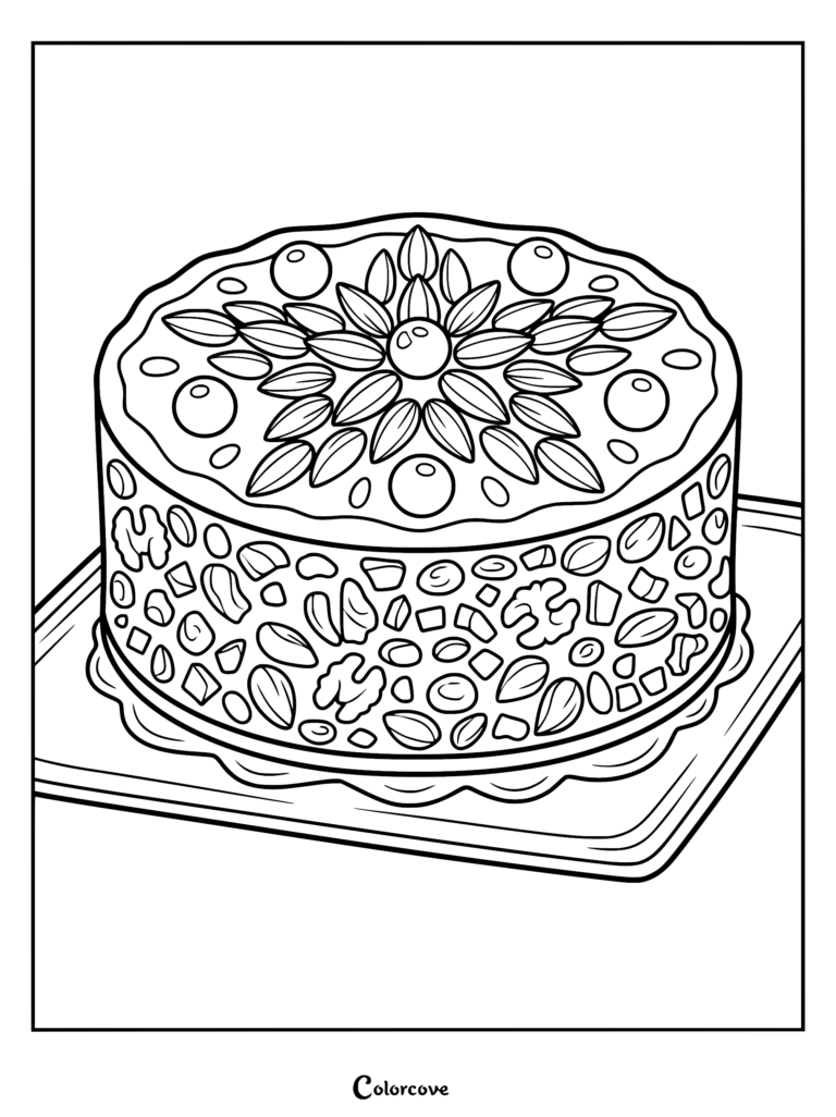 A detailed coloring page of a traditional fruitcake filled with chunks of dried peel, nuts, and raisins on a serving platter.