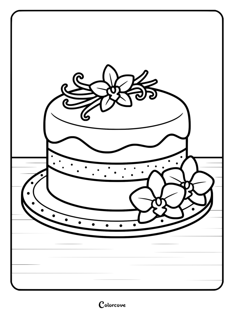 A detailed vanilla bean cake coloring page featuring a tiered cake topped with vanilla flowers and vines on a decorated plate.