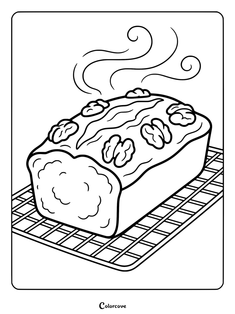 A printable coloring page featuring a freshly baked banana bread cake loaf topped with walnut halves on a wire cooling rack.