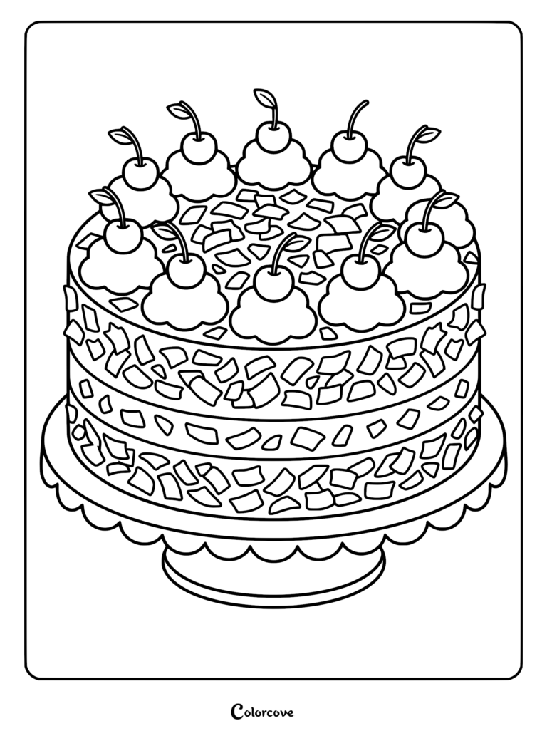 A detailed Black Forest gateau coloring page featuring a layered cake topped with cherries and chocolate shavings on a pedestal stand.