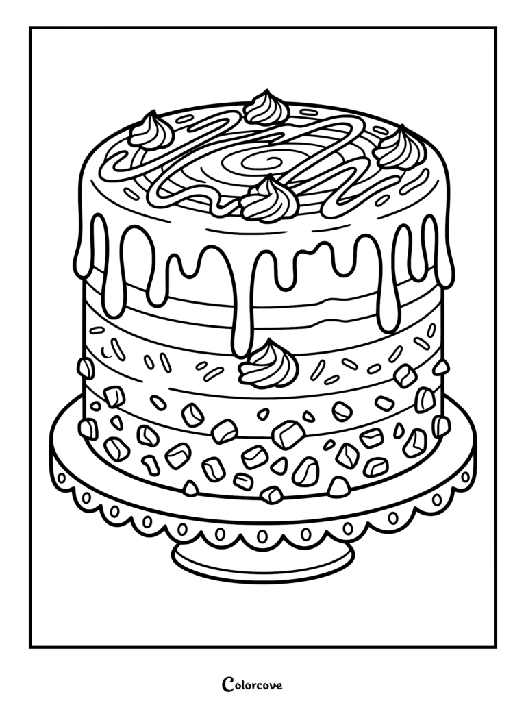 A detailed coloring page of a caramel cream cake featuring thick ribbons of caramel sauce dripping down the sides and topped with frosting swirls.