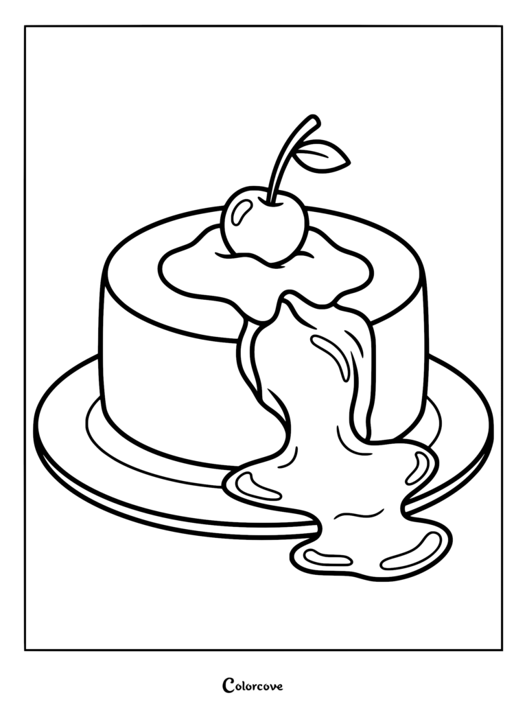 A chocolate lava cake coloring page featuring a round cake topped with a cherry and oozing chocolate sauce on a plate.