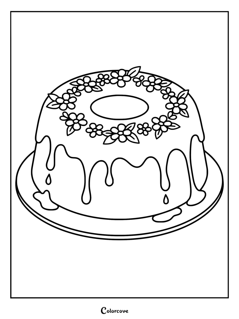 A classic sponge cake shaped like a ring with floral decorations and icing drips on a plate, ready for a coloring page.