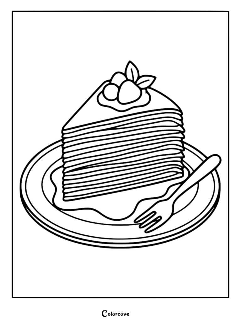 A slice of layered crepe cake topped with berries on a plate with a fork, printable coloring page.