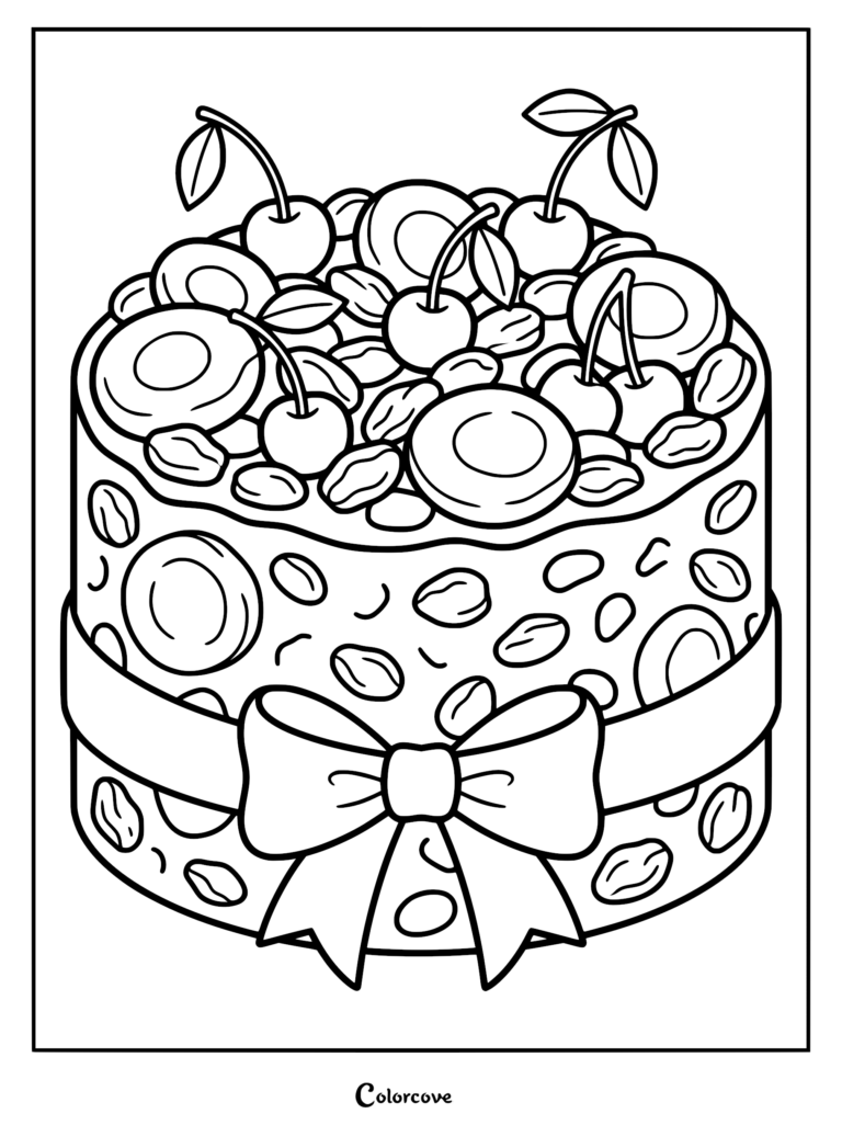 A detailed fruitcake coloring page featuring visible chunks of dried apricots, cherries, and raisins with a decorative bow.