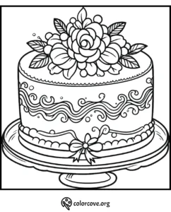 Coloring page of a decorated cake topped with flowers, featuring intricate designs and leaves. Perfect for coloring enthusiasts.