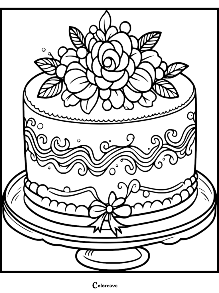 A detailed cake coloring page featuring a floral topper, wavy icing patterns, and a decorative ribbon bow on a cake stand.